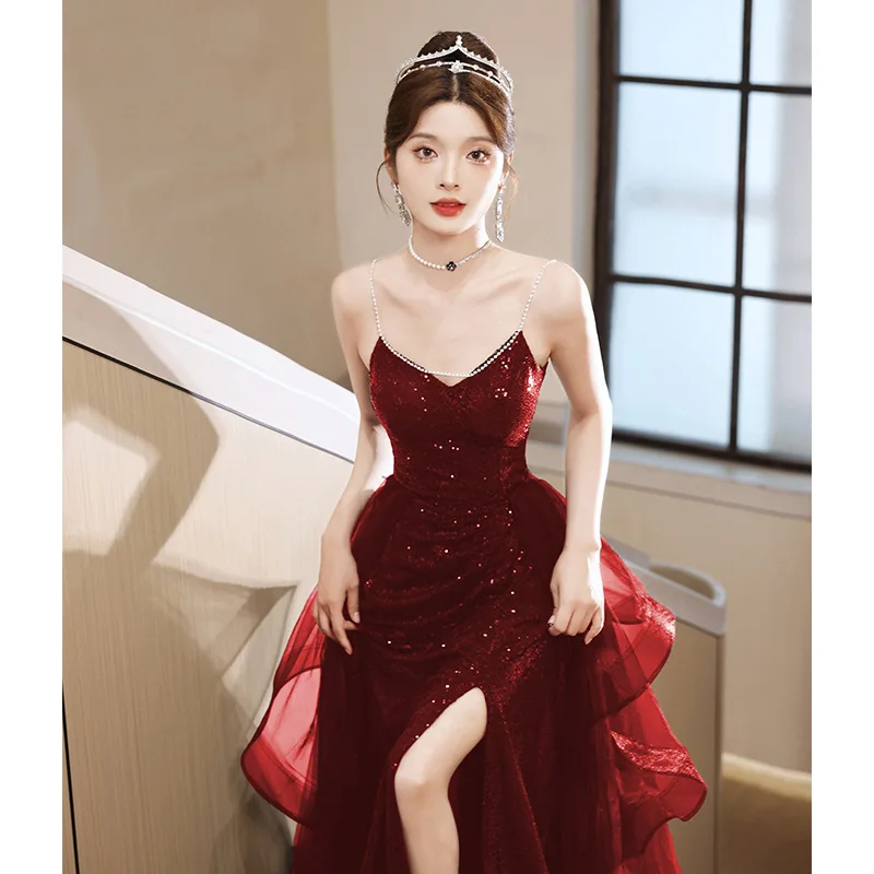 Wedding Party Dress Women's Strap Solid Off The Shoulder Sling Ruffle Skirt Solid Banquet Gown Wedding Prom Dresses for Women