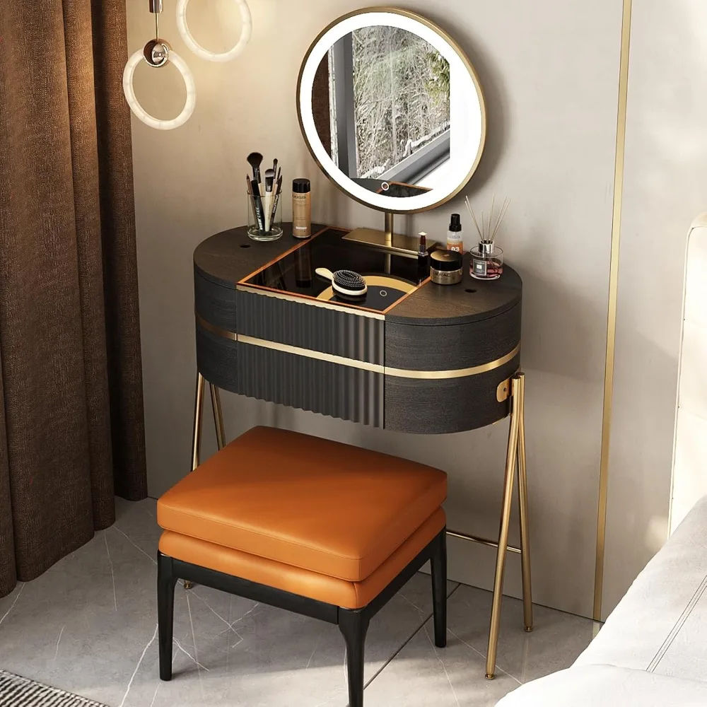 

Makeup Vanities, Stainless Steel Foot White Wax Wood Stool, Makeup Vanity Mirror and Lights - with LED, Makeup Vanitie