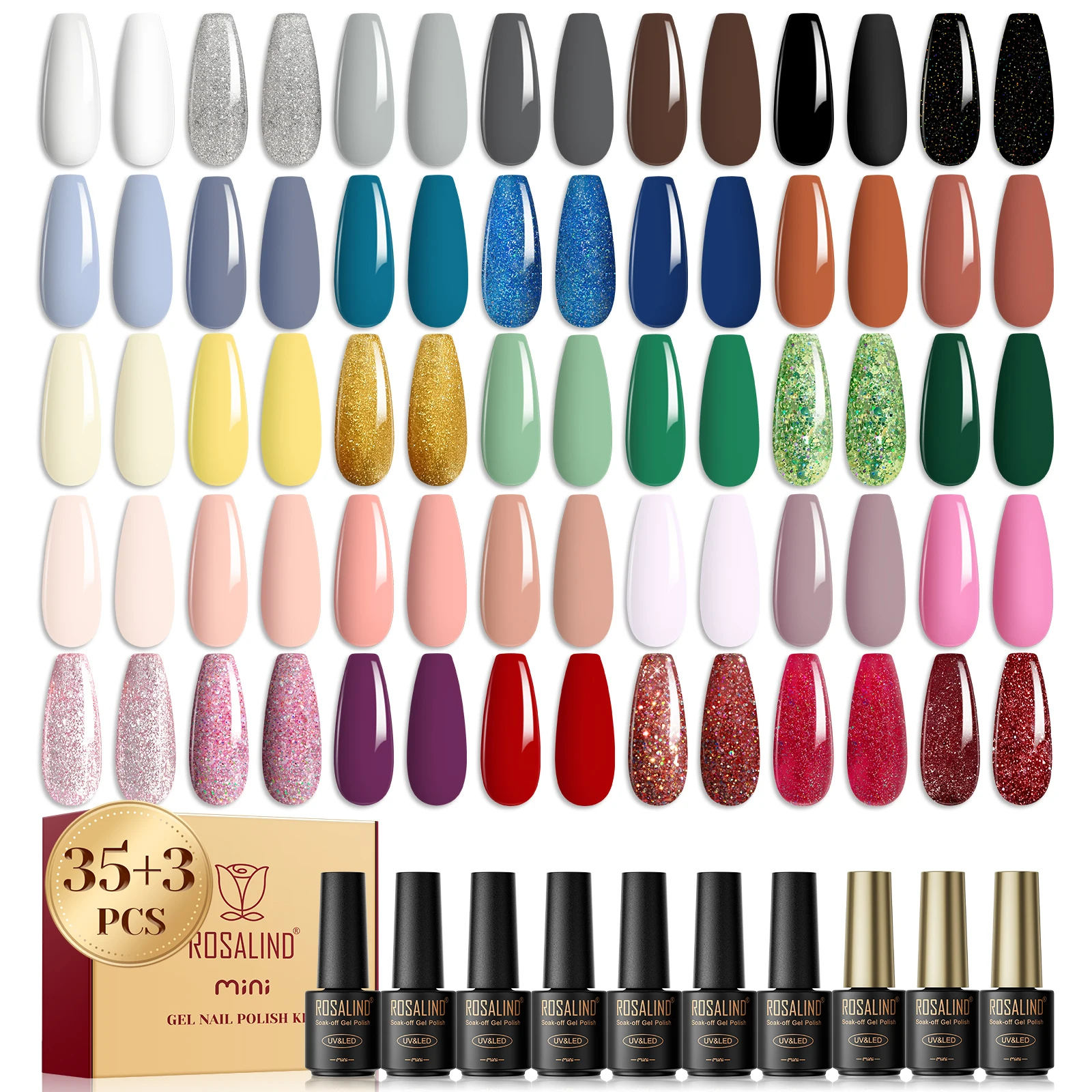 ROSALIND 38 pièces/ensemble vernis à ongles en verre coloré durable brillant gel vernis à ongles ensemble apprêt à ongles UV lampe à ongles bricolage ensemble d'ongles