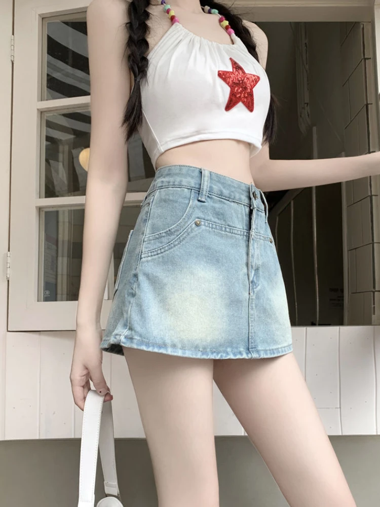 Denim Mini Skirts Women Vintage Simple High Waist Sweet American Style Fashion Summer A-line Elegant All-match Sexy Street Wear