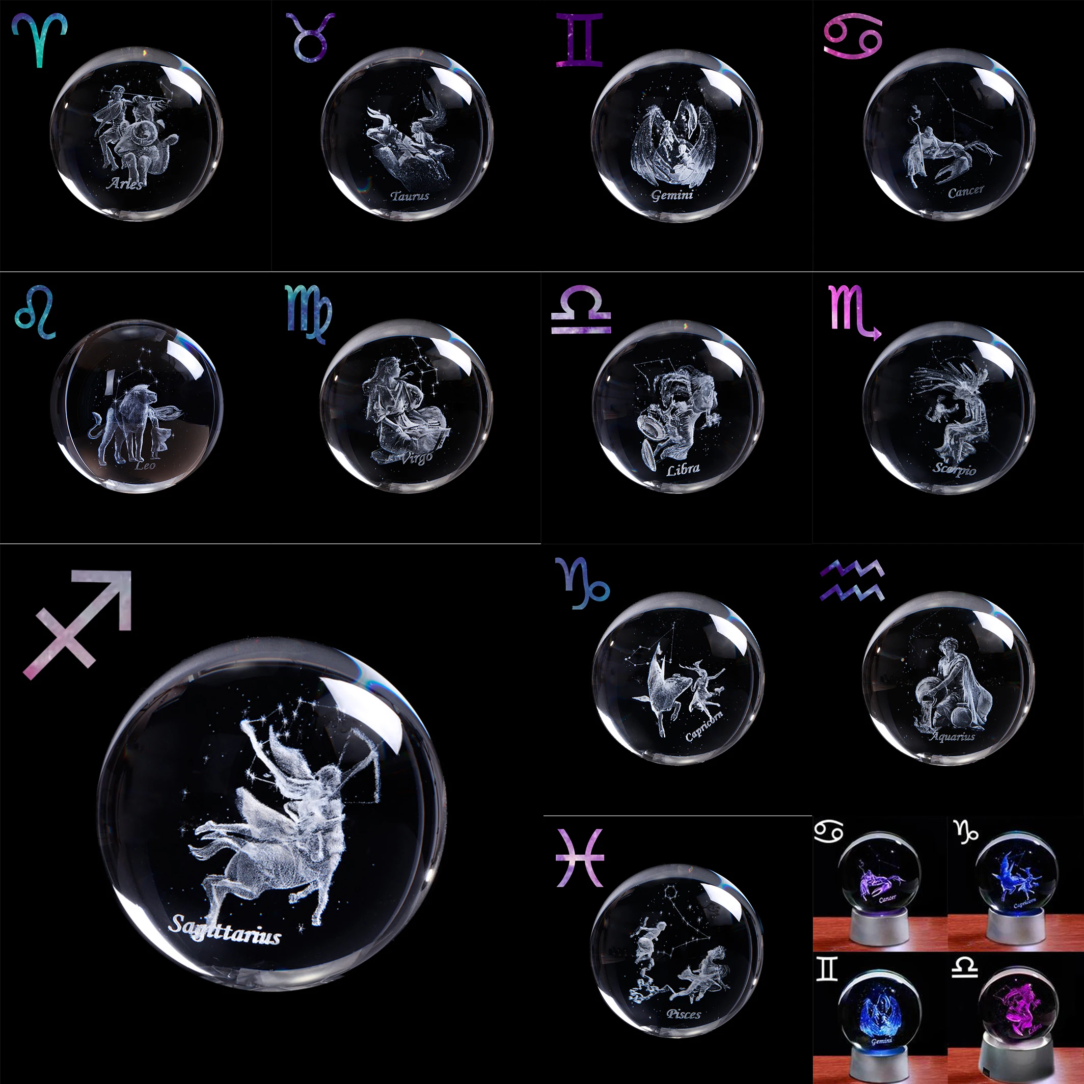 

60 мм/80 мм 3D гравированная стеклянная сфера Знаки зодиака Лазерная Хрустальная поделка для домашнего декора креативные подарки на день рождения