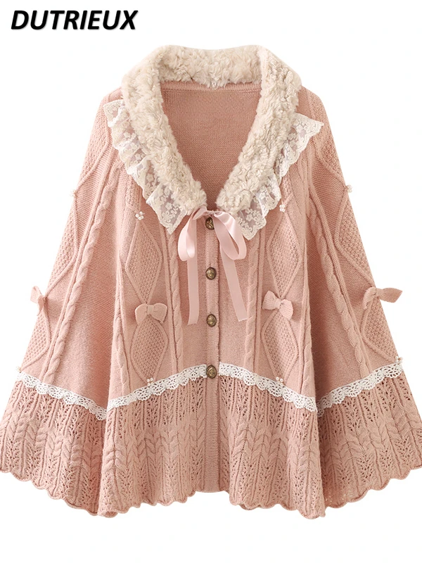 Autumn Winter New Sweet Girl Pastoral Plush Collar Knitted Cloak Women Cute Bow Lolita Soft Girls Shawl Sweater Cardigan Jacket