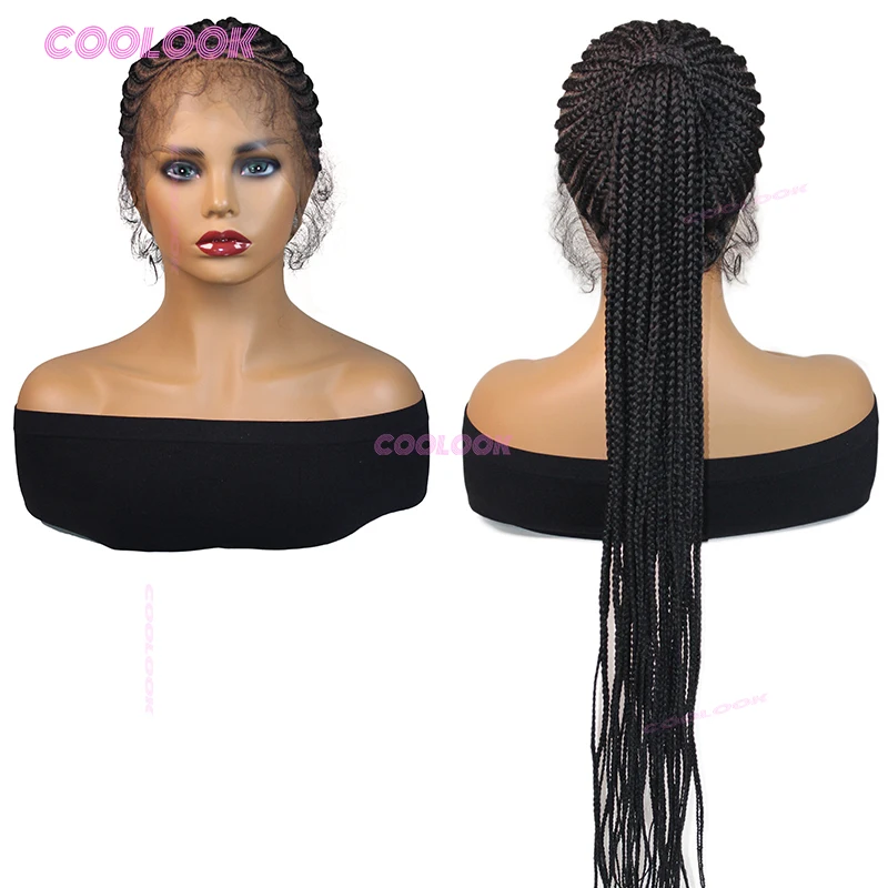 

30-дюймовый высокий хвост, косички, кружевные парики, синтетические плетеные парики для чернокожих женщин, полный парик с кружевной косой
