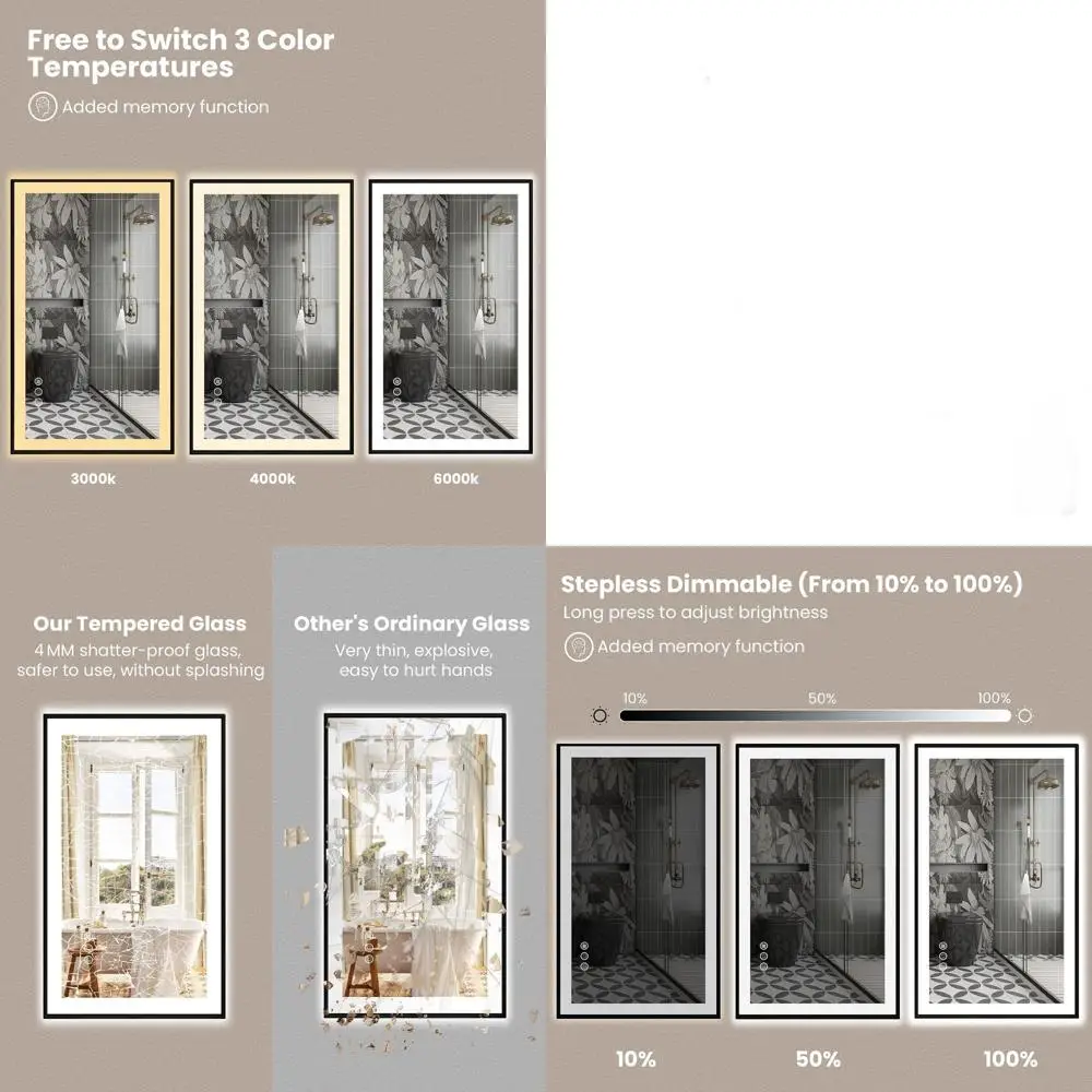 

20x28 Inch LED Mirror with Black Frame, Step-Dimmable, Anti-Fog, Shatter-Resistant, 3 Color Options, Memory Function