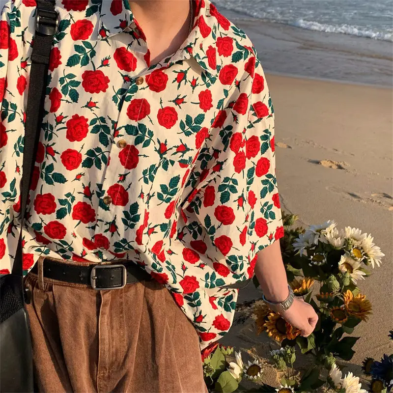 2022 Summer Beach Hawaiian Rose Shirts Vintage Red Floral Button Up Shirt Men Women Loose Casual Tops Large 2XL Japan Kawaii Tee