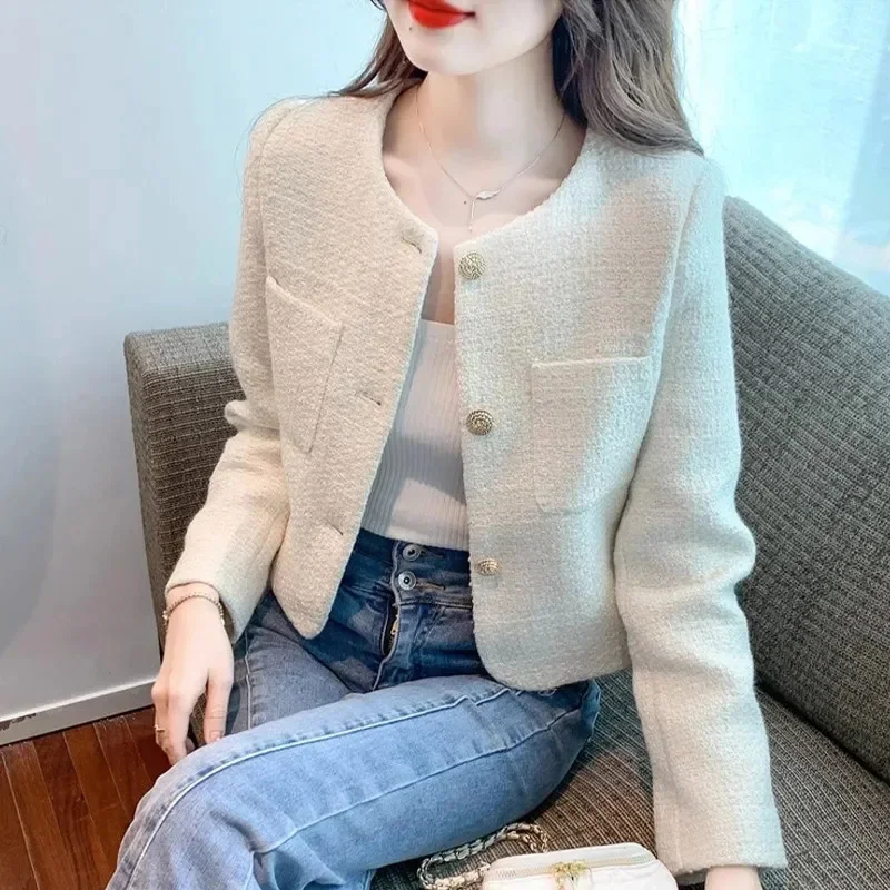 

2025 White Elegant Jacket Women Tweed Spring Fall Single Breasted O-Neck Coat Office Lady Commuter Cropped Fashion Korean Tops