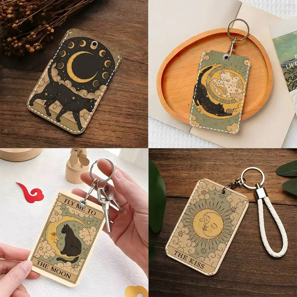 1pc Yin Yang Cat Card Case Keychain Access Card Bag Key Tag Ring Leather Card Holder Key Ring Access