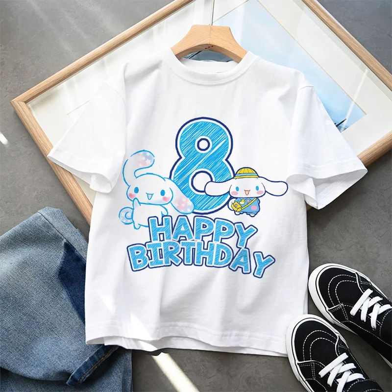 New Cinnamoroll T-shirts for Children Cute Cartoon Birthday Number Printed T-shirt Kids Casual Sports Tops Kawaii Girls Clothes