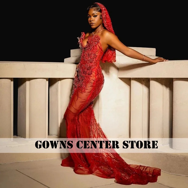 Sexy See Through Red Prom Dresses With Scarf Luxury Rhinestone Mermaid Party Gowns Crystal Vestidos De Gala Cutsomized