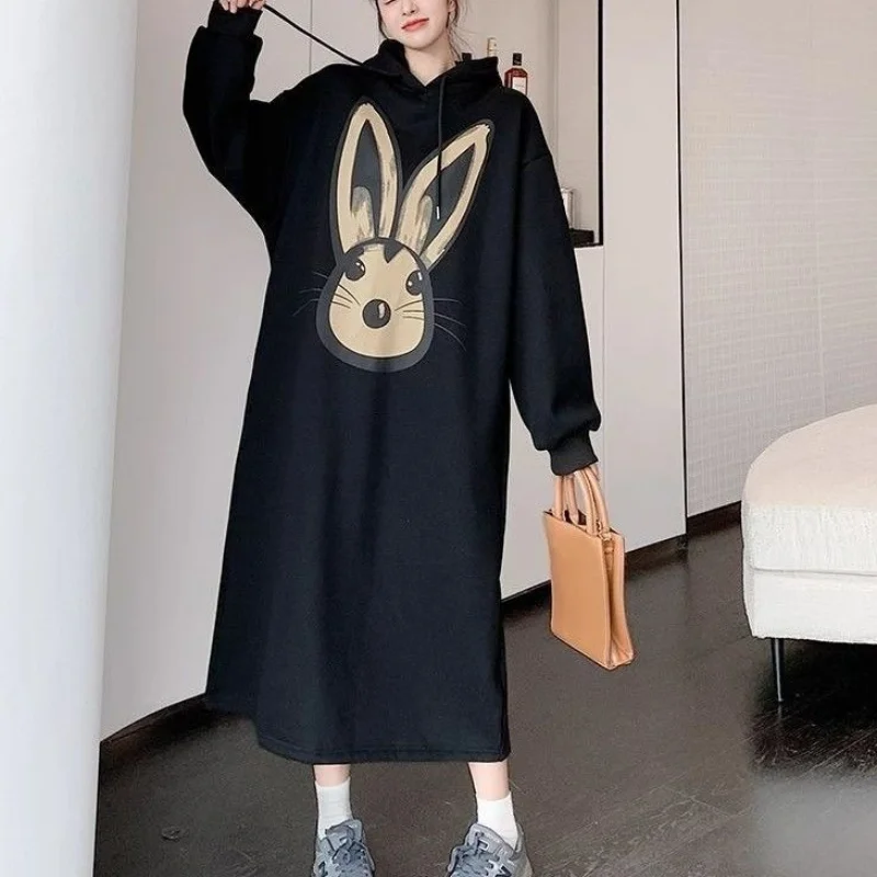 Autumn Winter Women Fashion Hoodie Long Dress Print Cartoon Rabbit Head Fleece Thicken Oversized Long Sleeve New Casual Dresses