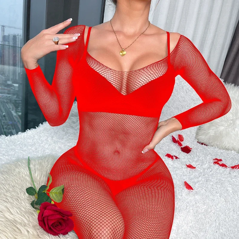 Le donne vedono attraverso la tuta in rete con apertura sul cavallo Intimo seducente Costume erotico trasparente sexy Collant Bodystockings Clubwear