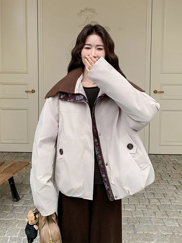 เสื้อพาร์กาผู้หญิงแบบลำลอง ถักลายปะติด  บุขนเป็ด  สำหรับฤดูหนาว  แบบมีซิป  ลายดอกไม้