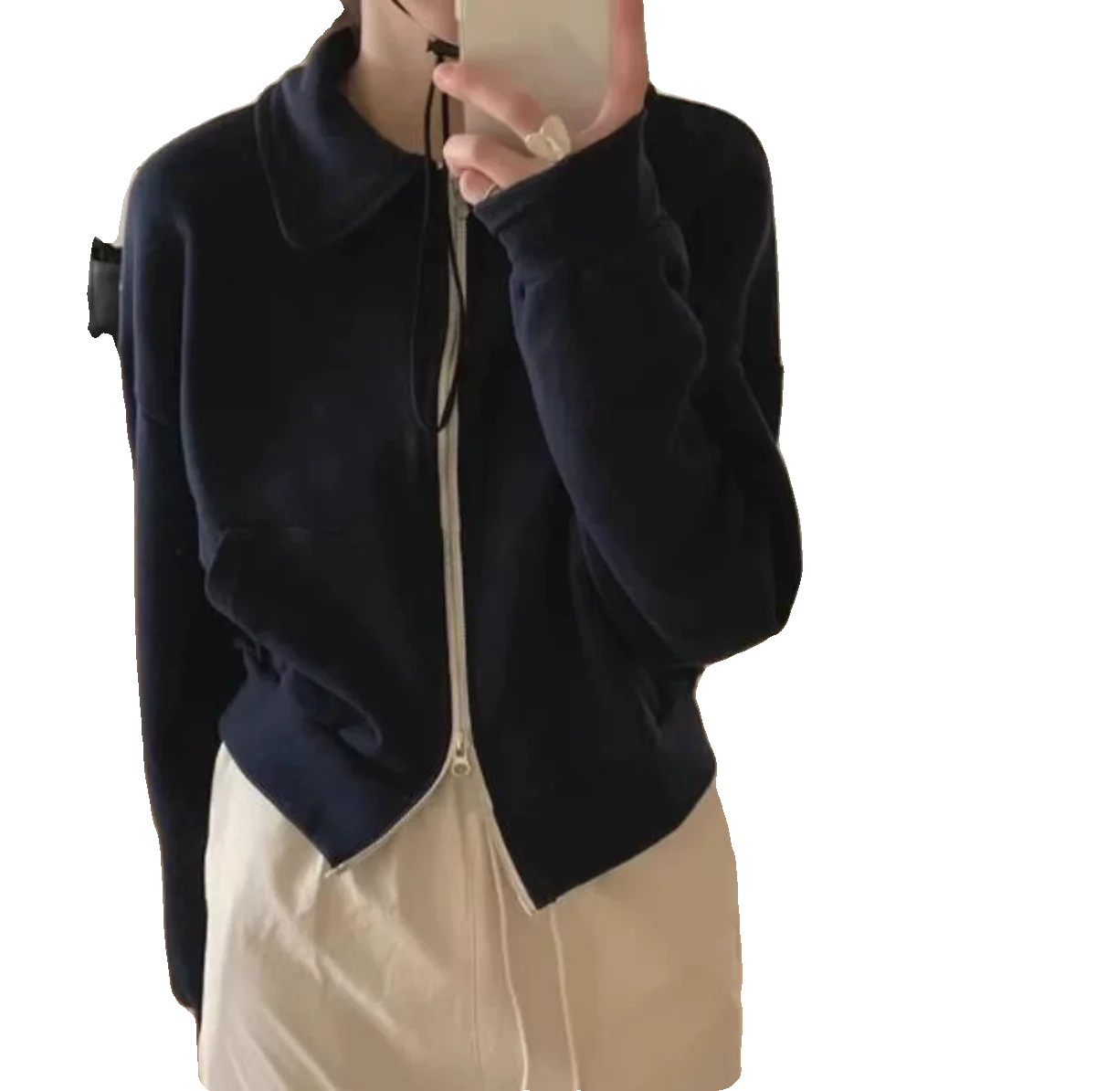 Unique SEI Women's Zipper Long Sve ort Hoodie Jaet Korean Sle Commute Faion Pure Color  Collar Loose Cardigan