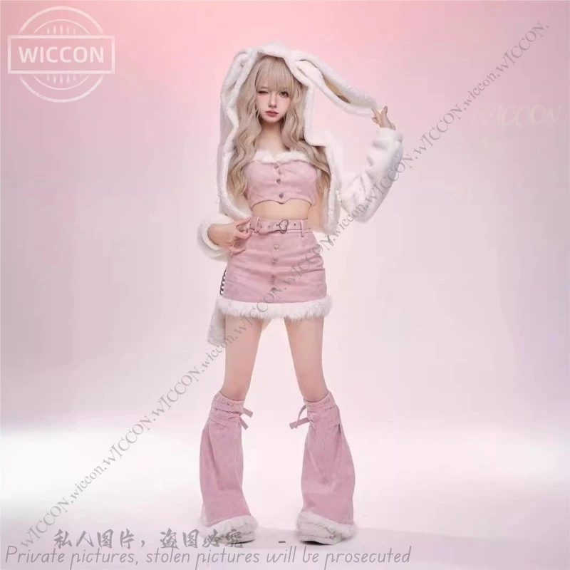 

Girl Bunny Spice Y2K Cute Bunny Pink Suit Coat Autumn Winter Sweet Lady Plush Coat Halloween Party Jacket+Tops+Skirt+Legwear