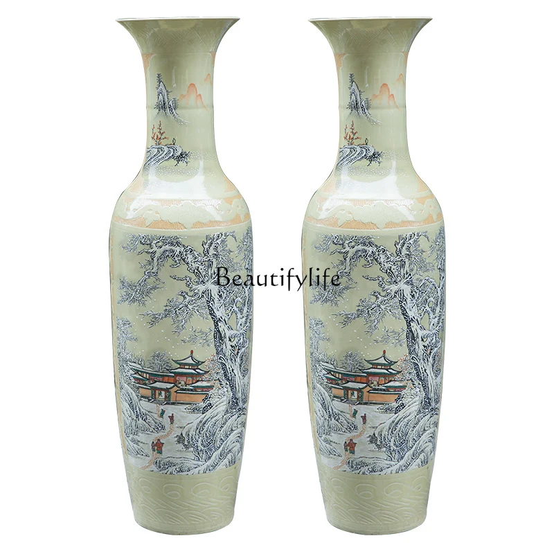 Ceramic Living Room Floor Large Vase Decoration Yellow Large Extra Large Hand Painted Snow Scene