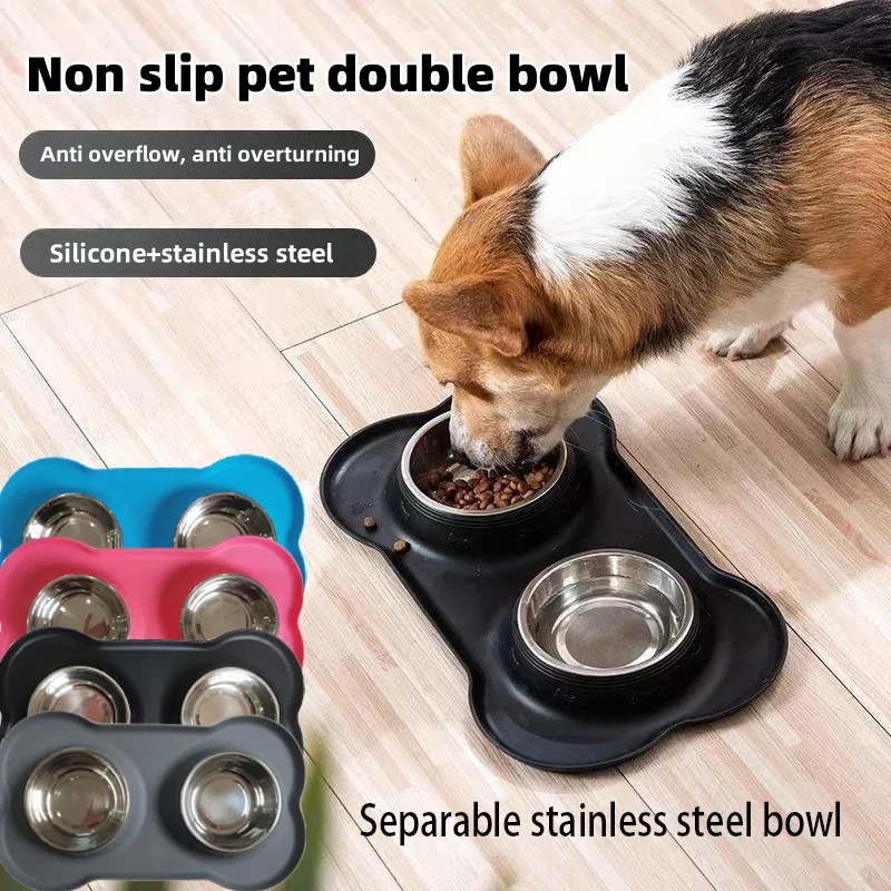Silicone pet cat and dog bowl stainless steel double bowl anti-spill easy to clean for eating and drinking