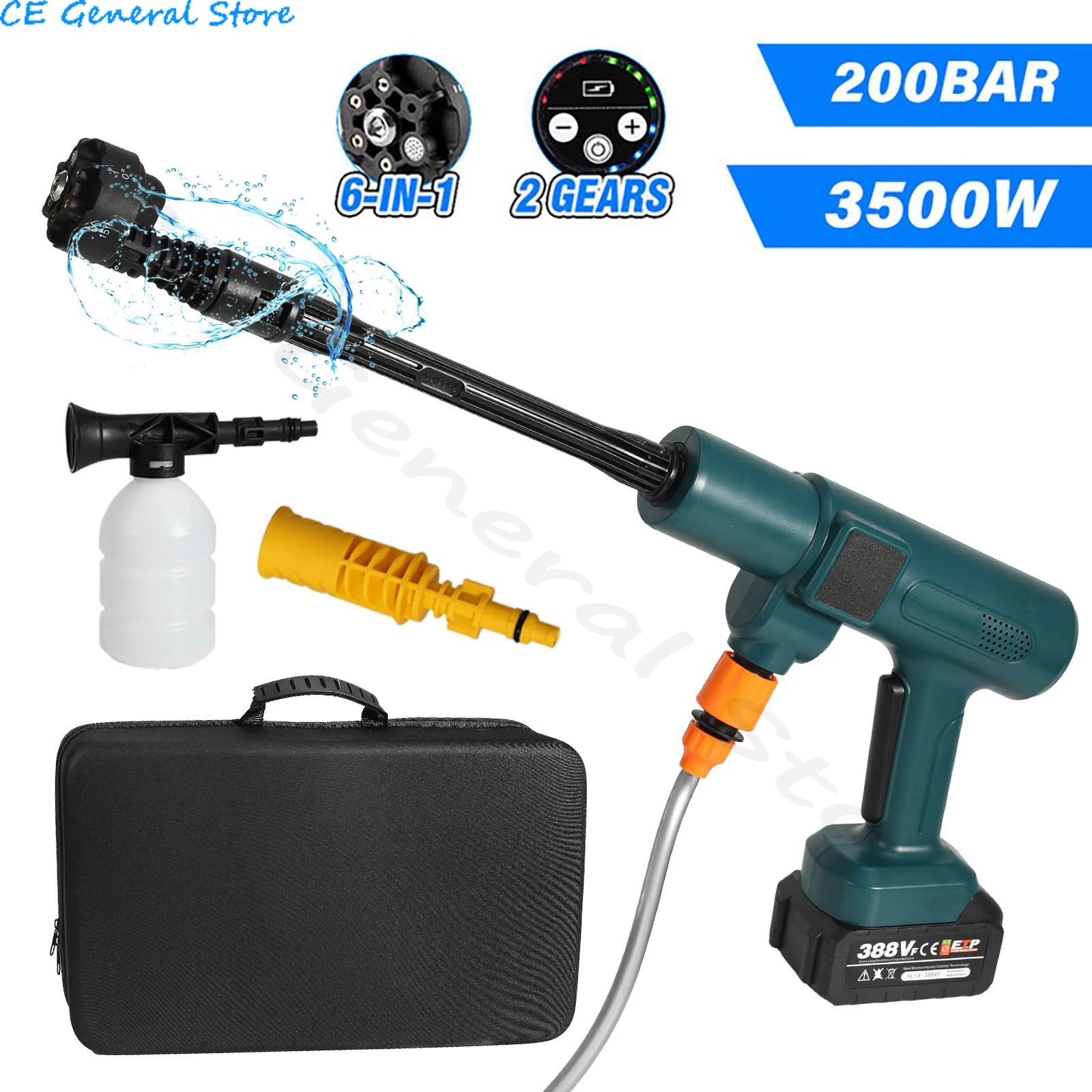 200Bar 3500W Brushless Electric High Pressure Washer 6-in-1 Car Washing Garden Water Gun for Makita 18V Battery Spray Gun