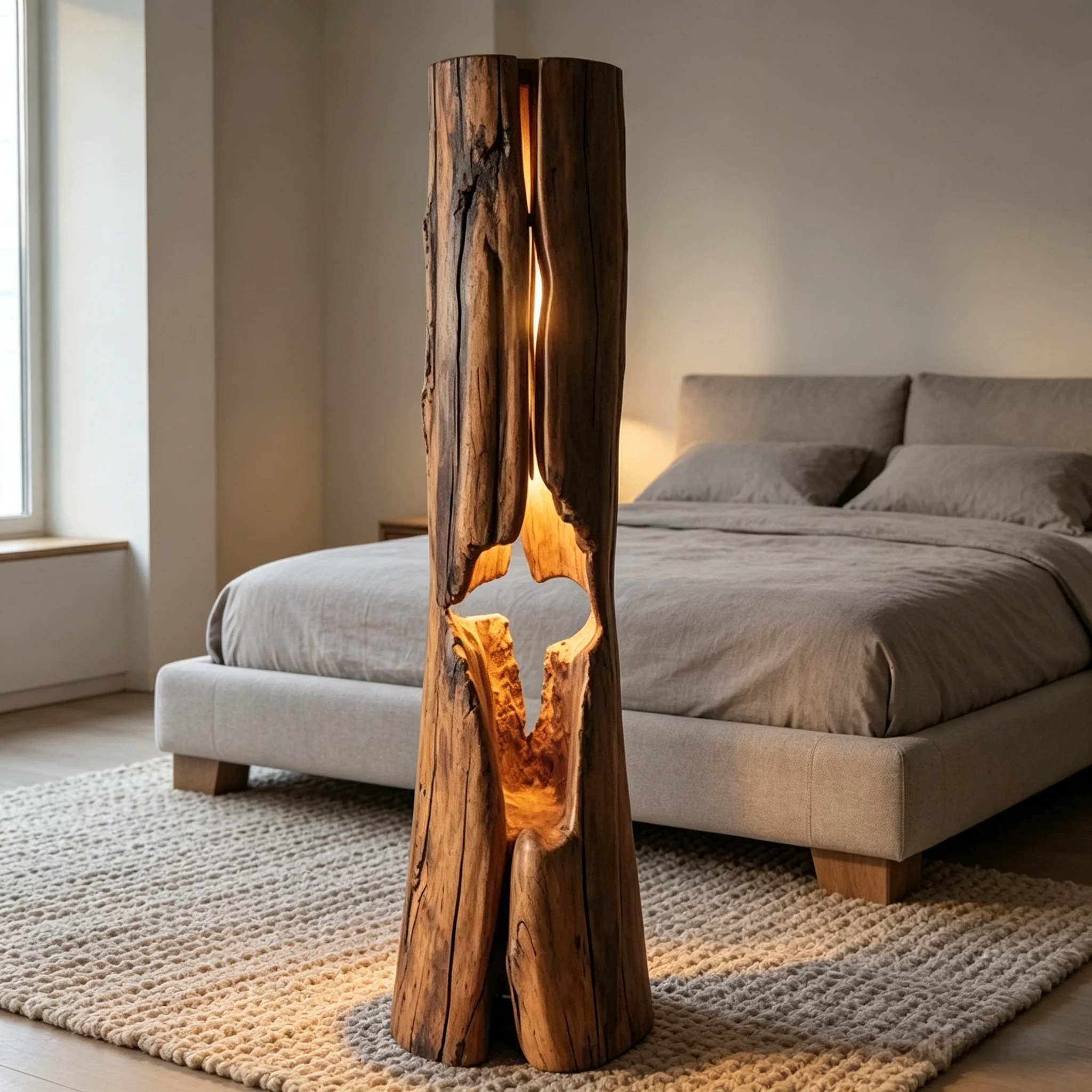 ！@Light-Through Driftwood Stump Lamp-Handcarved Hollowed Wood Craft Lighting Fixture L29xH101cm Freestanding for Cozy Interior