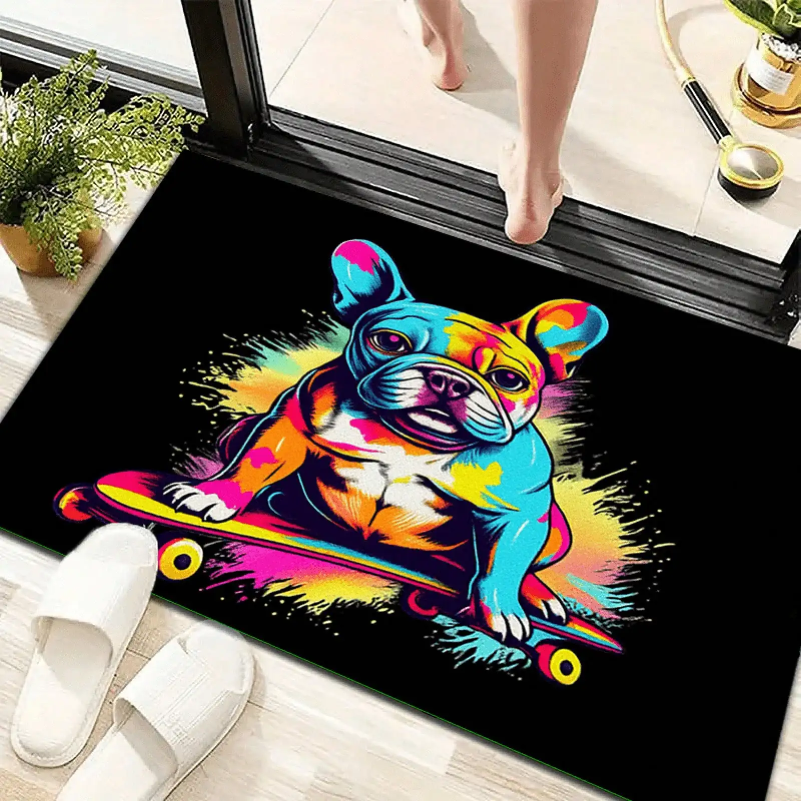 Cool Dog Door Mat - Colorful Skateboard Bulldog Rug, Non-Slip Entrance Mat for Home, Pet Lover Gift, Multiple Sizes