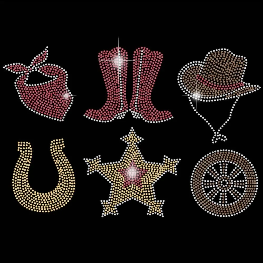 

Cowboy Iron on Rhinestones Transfer Western Cowgirl T-Shirt Heat Transfer Designs Cowboy Boots Hat Stickers making kit