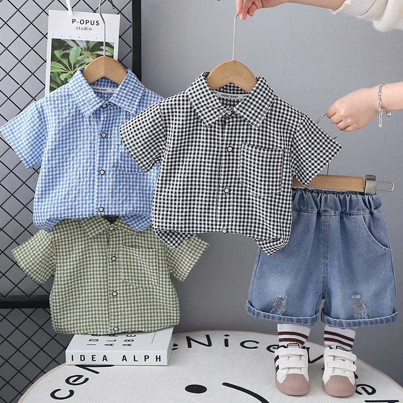 

New Summer Baby Clothes Suit Children Boys Plaid Short Sleeved Shirt Shorts 2Pcs/Sets Infant Casual Clothing Set Kids Tracksuits