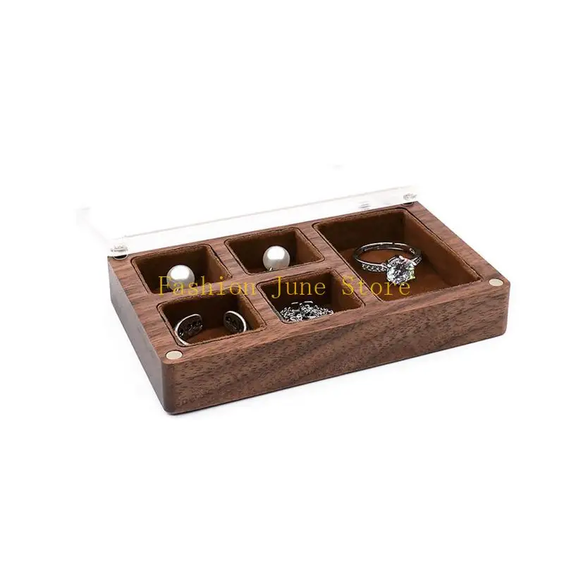 N5KA Muilt-slot Jewelry Box with Plush Cloth for Women Rustic Walnut for C