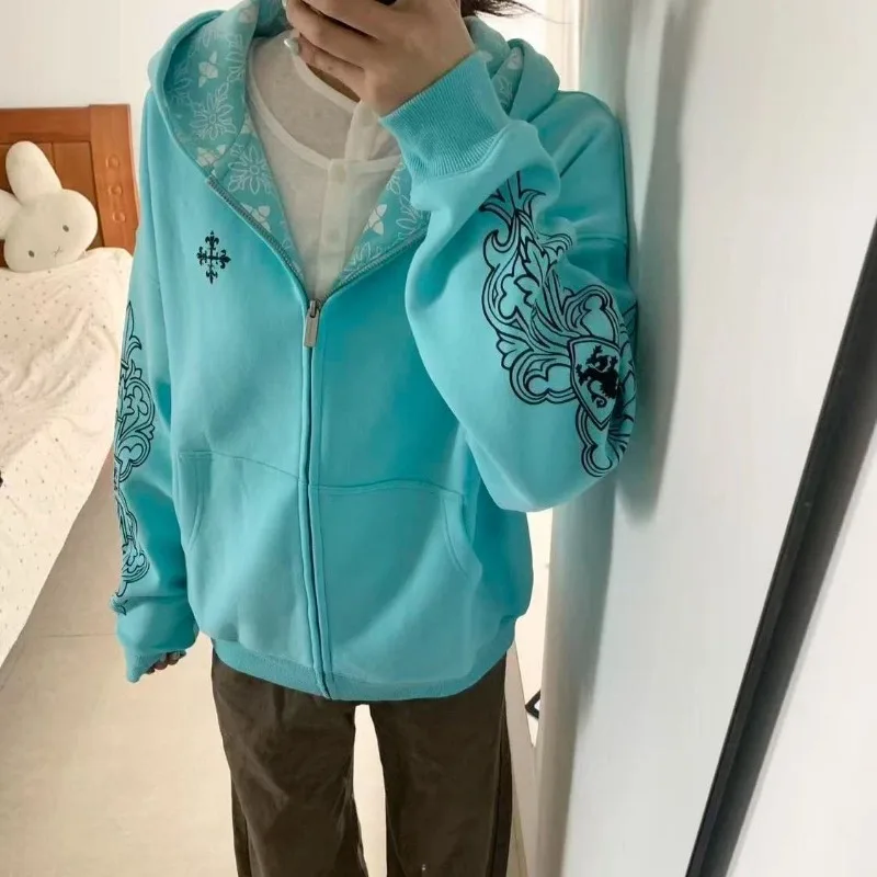 American Retro Gothic Print Hooded Sweatshirt for Women Spring Autumn New Loose Lazy Style Oversized Zip Up Hoodie Jacket Tops