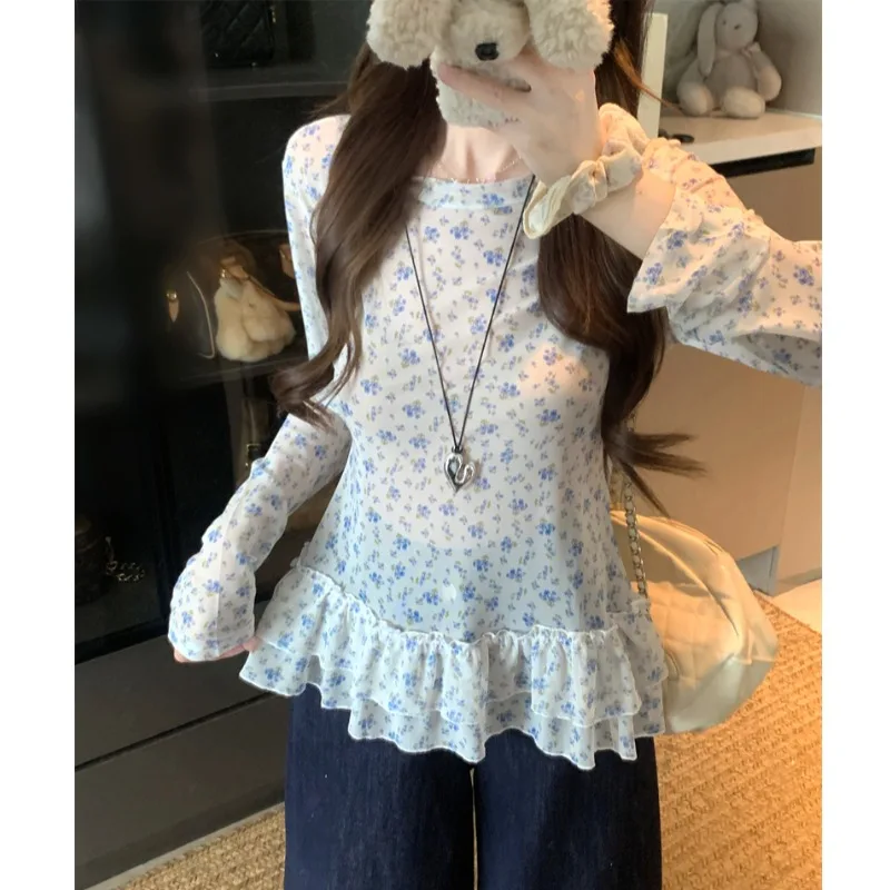 

Blue Floral Print Semi-Transparent Long Sleeve Women's T-shirt Spring Inner Wear Lace Trim Slim Fit Top Korean Style