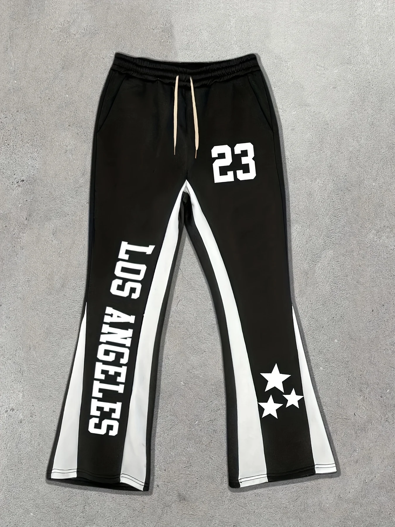 Men's Trendy American Street - style Black - White Color - Block Long Trousers with LA Letter Print & Micro - Flared Design