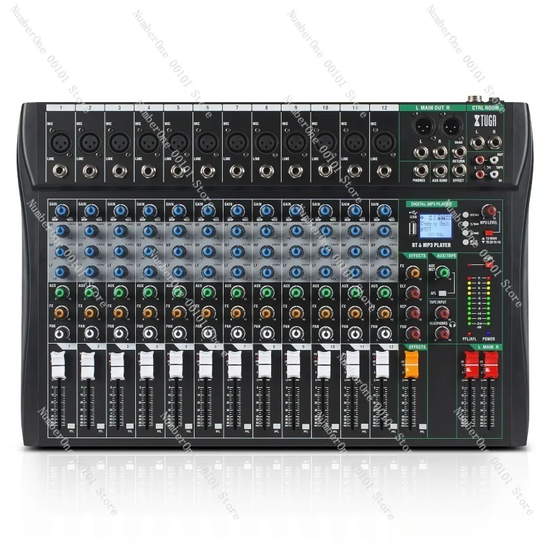 Mixing Console with Reverb and Bluetooth Playback, Multi-Channel Mixer with Equalization and Power Amplifier