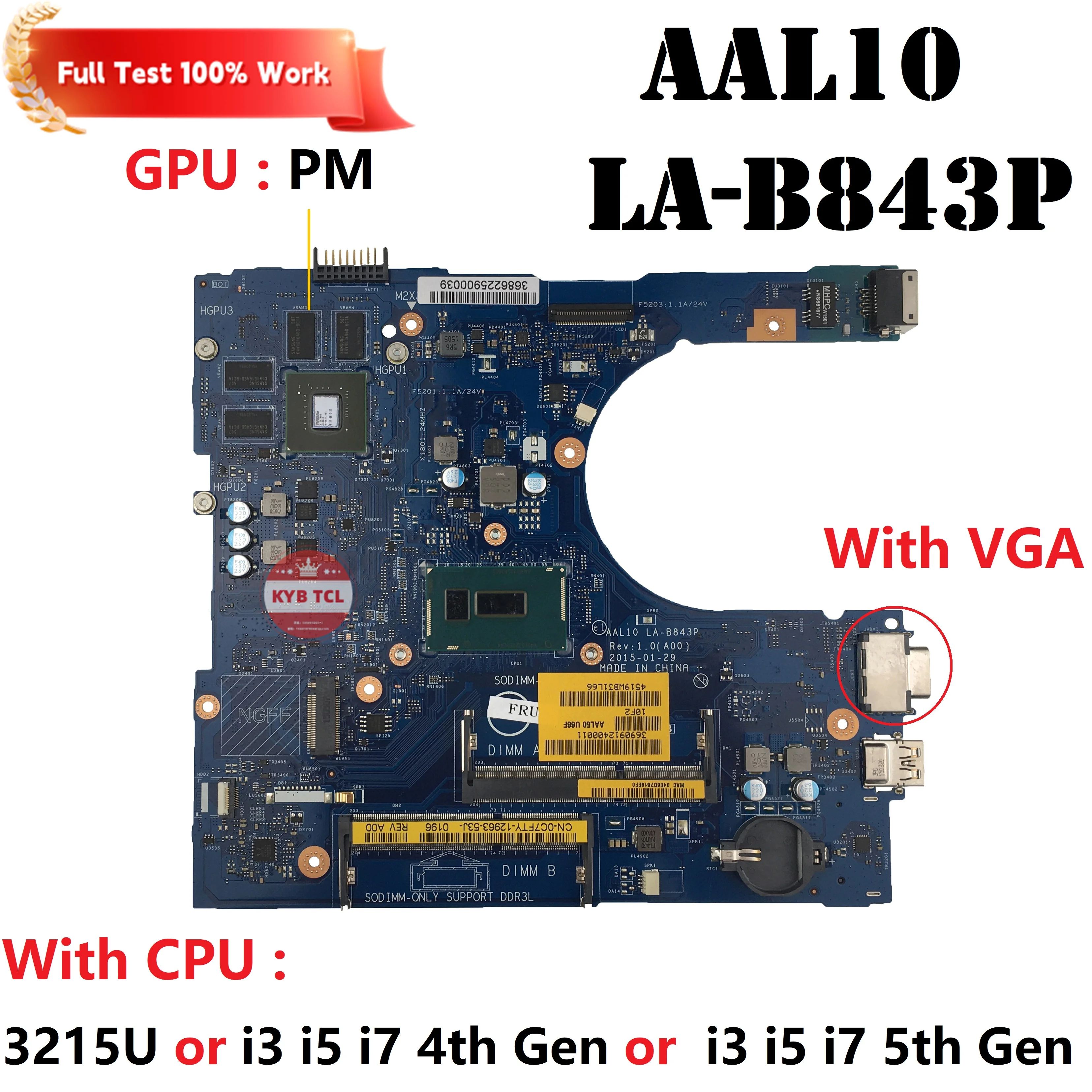 

AAL10 LA-B843P Mainboard For DELL Inspiron 14 5458 15 5558 17 5758 Laptop Motherboard With 3215U I3 I5 I7 4th 5th Gen CPU DDR3