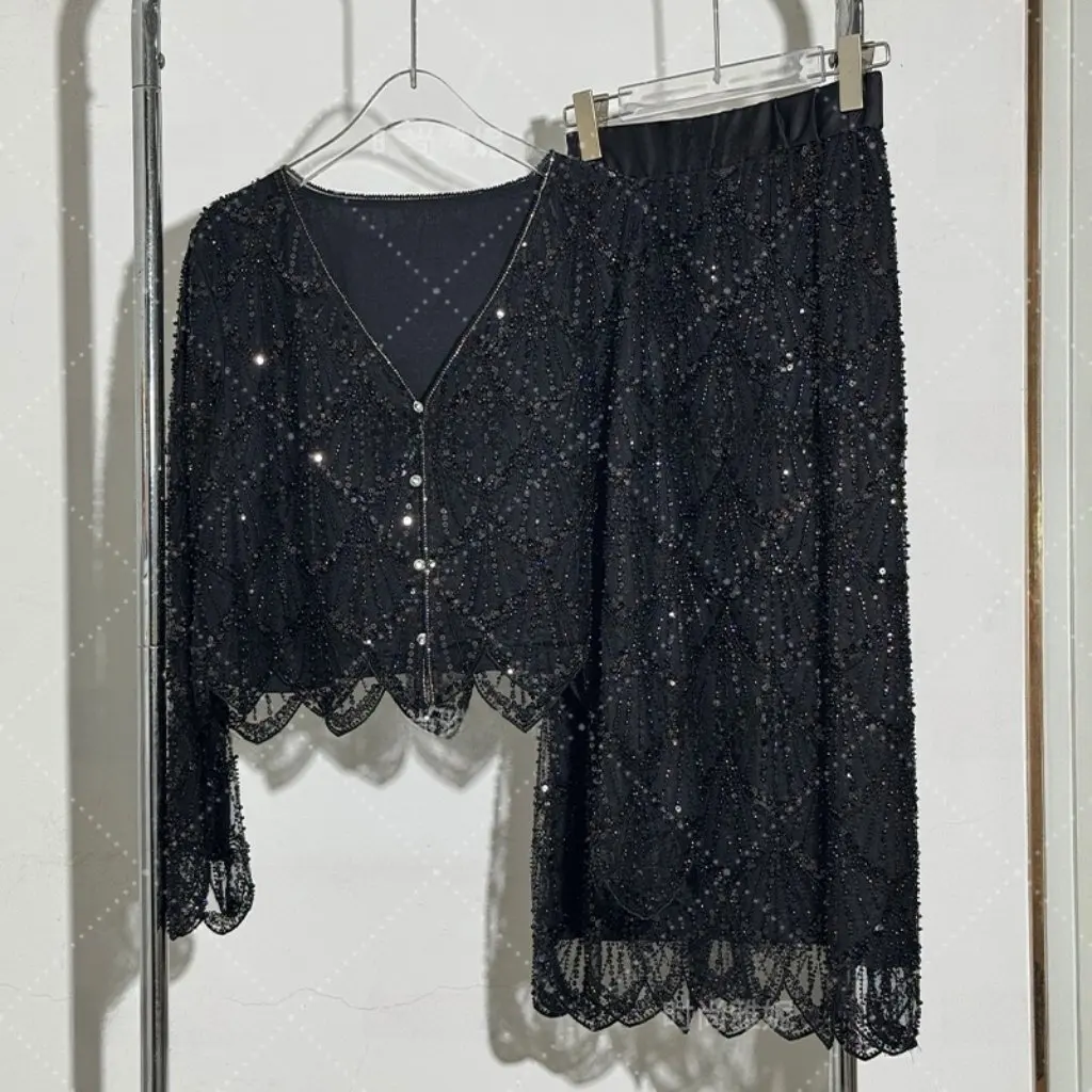 

Yani Fashion Long Sleeve Jacket Top And Skirt Set for Women Heavy Industry Theme Sequins And Pearl Beaded Cardigan