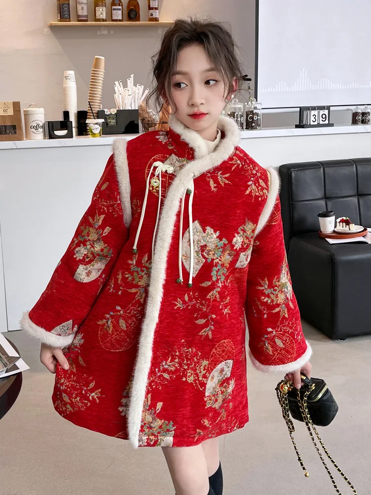 Girls' Skirt2025New Long Sleeve Thin Velvet Red New Year Dress Jacquard Chinese Style Cheongsam Dress
