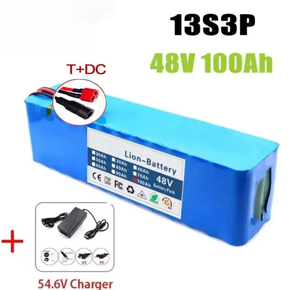 Nieuwe 48V 20Ah 2000W 13S3P DC/T lithium-ionbatterij geschikt voor 48V-motoren met BMS + 54,6V-oplader