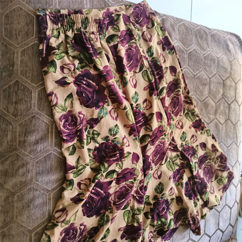 Saia longa de meia-panturrilha com estampa floral feminina, saia A chique, cintura alta, trompete, roxo, rosa, roupas da moda