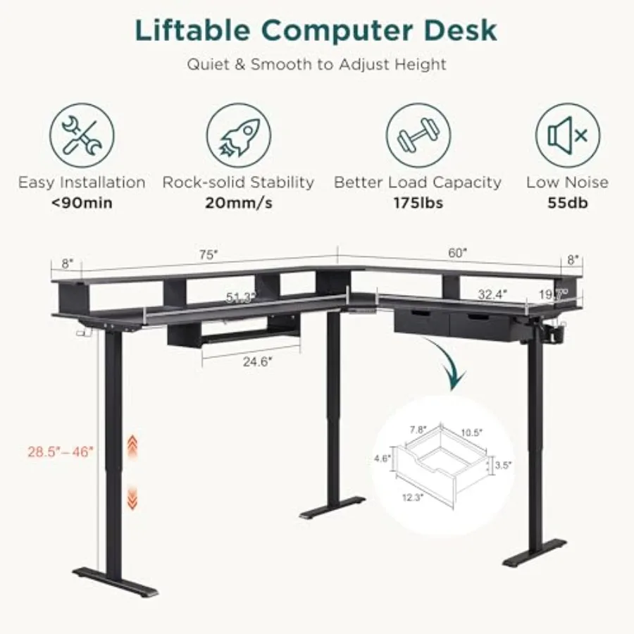 L-shaped electric standing desk for home office, steel frame, matte black, height-adjustable with dual motors and memory preset