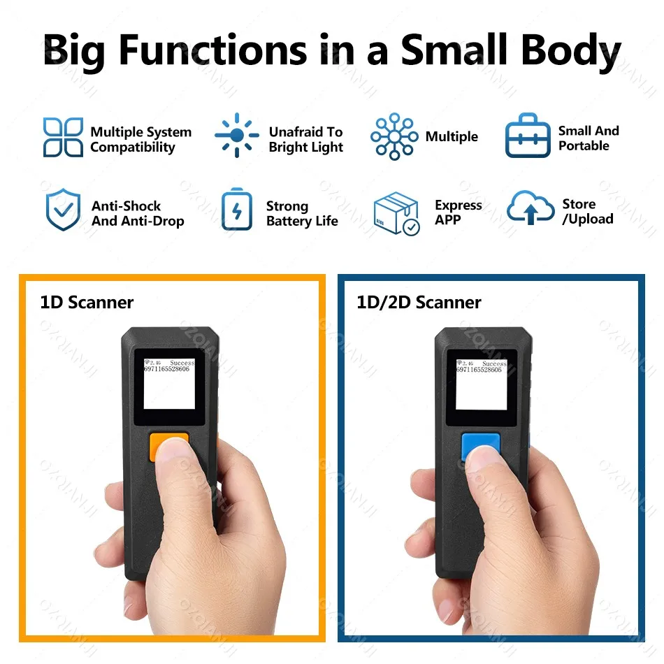 Imagem -02 - Mini Barcode Scanner Portátil sem Fio em Leitor rq Scan Machine para Loja de Varejo Logística 1d 2d Bluetooth Usb 2.4g