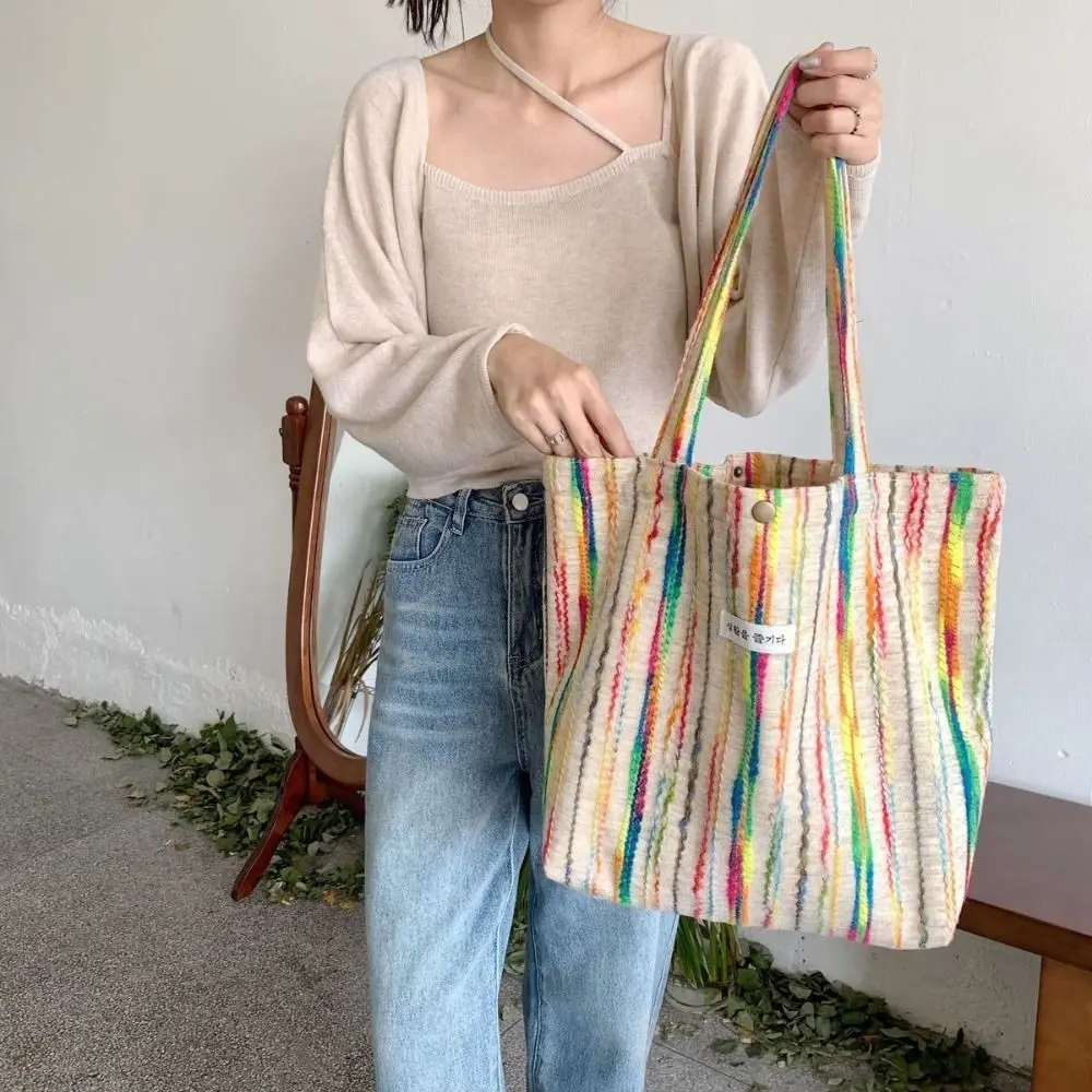 Casual Canvas Bag Fashion Stripes Crochet Handbag Large Capacity Shopper Bag Women