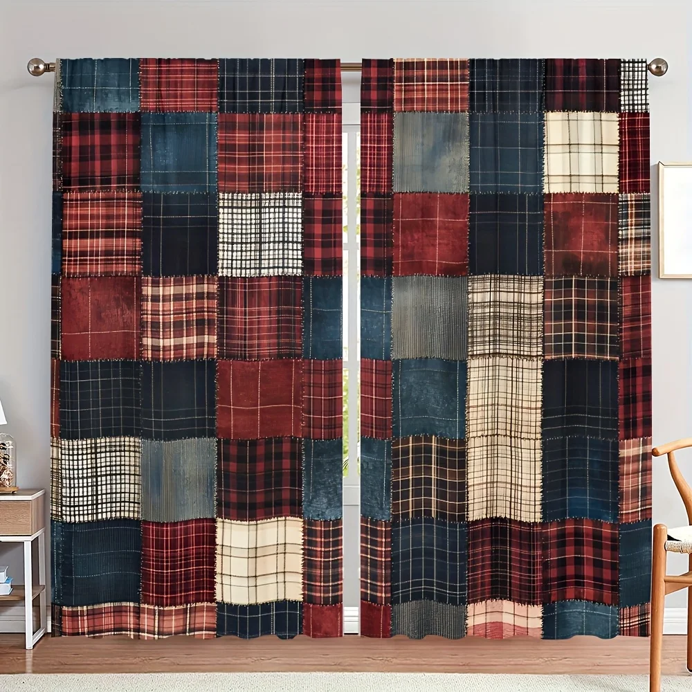 Patchwork Plaid Curtain, Vintage Tartan Checkered Window Drape, Rustic Farmhouse Living Room Decor, Red Blue Geometric Print