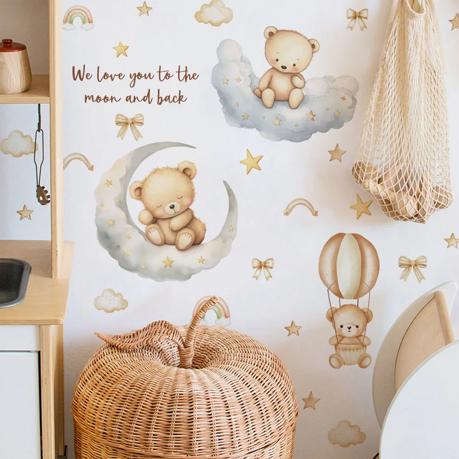 Cartoon Bear Good Night Kids Wall Stickers Baby Room Children Bedroom Wall Decals Clouds Moon Home Decoration Nursery Wallpaper