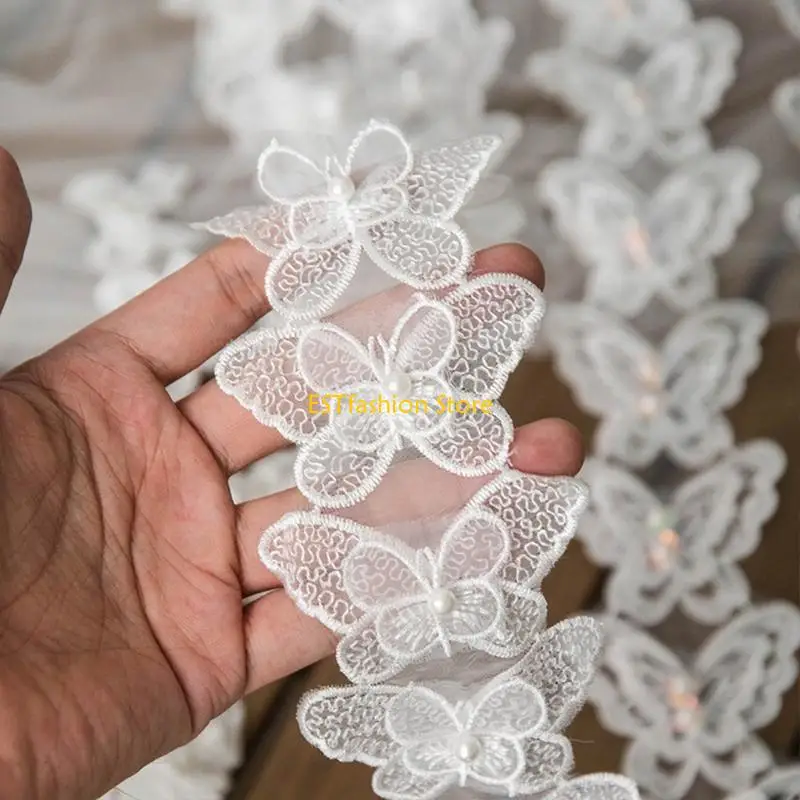 Y5GC 1 Yard for Butterfly Embroidered Lace Trim Ribbon Pearl Beaded DIY Sewing Appliq