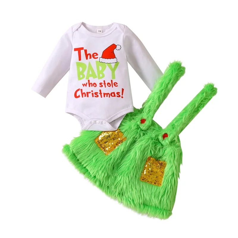 

Christmas Clothes Baby Girl Outfit Long Sleeve Round Neck Romper Tops+ Plush Sequined Half Dress Toddler Clothing Set Streetwear