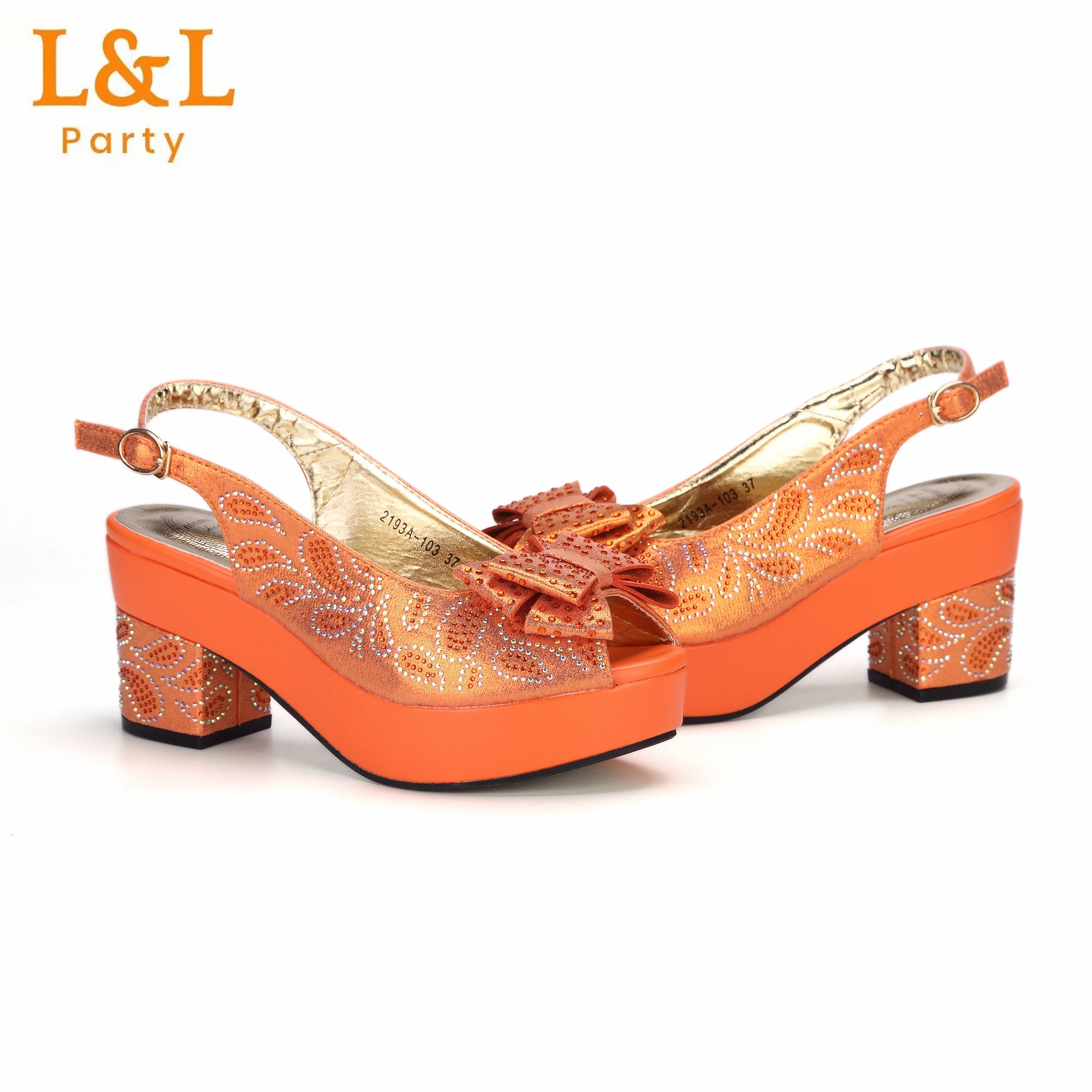 2024 Newest INS Style Orange Color Elegant High Heels Nigeria Popular Design African Ladies Shoes And Bag Set for Wedding Party