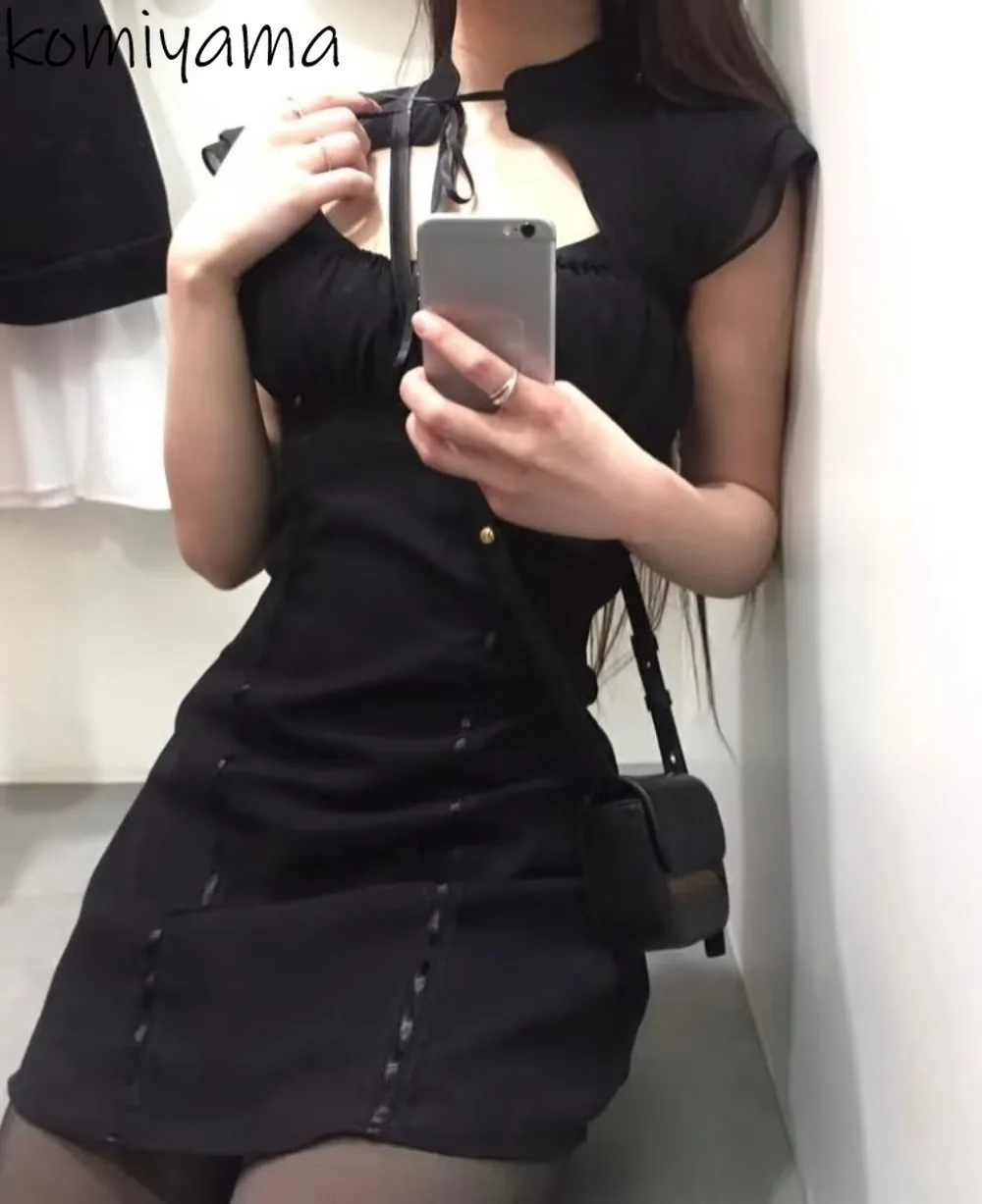 

2025 Summer New Luxury Vestidos Chiffon Lace Up Patchwork Casual Robe Japan Slim Waist Strapless Literary Vintage Dress