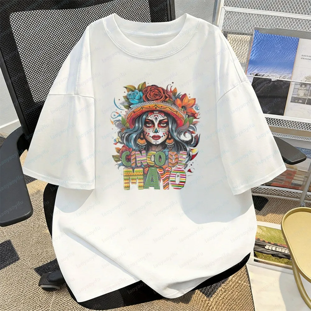 Vibrant Mexican Cotton T-Shirt for Women Cinco De Mayo Sugar Skull Print Tee Trendy Festival Casual Wear Fashion Streetwear