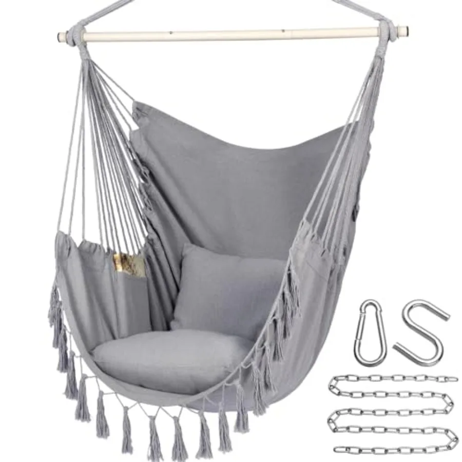 

Hammock Chair Hanging Rope Swing Max 500 Lbs 2 Cushions Included Large Macrame Hanging Chair with Pocket for Superior Comfort w