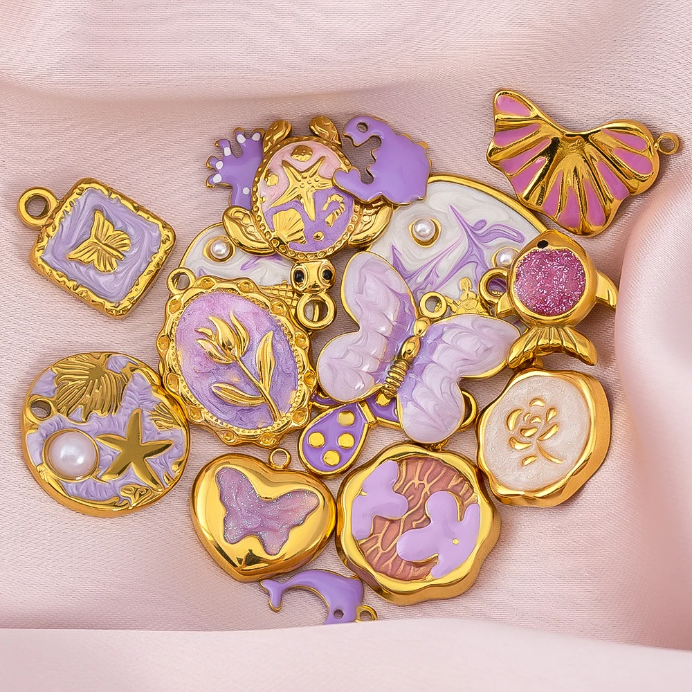 

2pcs Stainless Steel Enamel Flower Butterfly Pendants Fish Turtle Charms For DIY Jewelry Making Necklace Accessories Wholesale