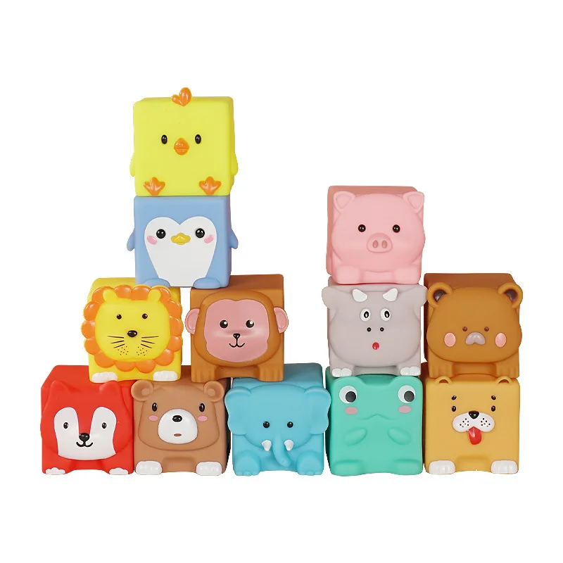 Creative Cognition Sensory Game Block Cute Animal Cartoon Children\'s Puzzle Assembly Relief Soft Rubber Bathing Toys For Kids