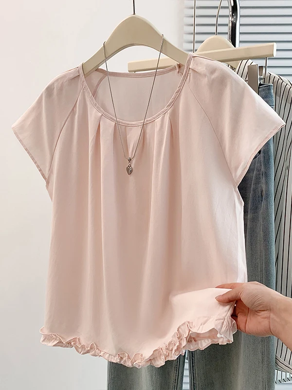 

Casual Korean Style Pleated Loose Thin Short Sleeve Pure Color Women's Shirt Versatile Breathable Summer New Arrival