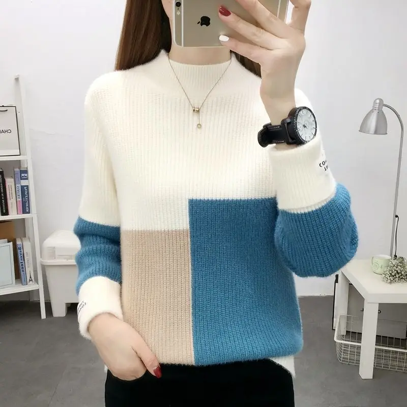 Coltrui Vrouwen Dikker Color Blocking Nertsen Bont Gebreide Trui Herfst Winter Losse Basic Trui Jas Femme Jumper